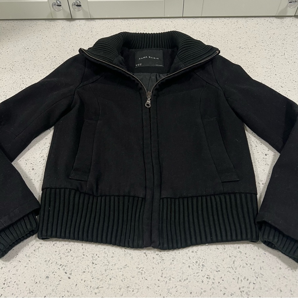 ZARA BASIC Wool Blend Zip Black Bomber Jacket w Ribbed Collar & Hem Size XS